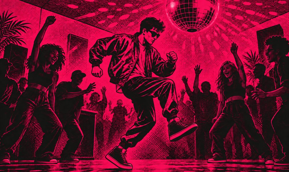 Illustration of a man doing the Running Man under a mirror ball at an 80s dance party