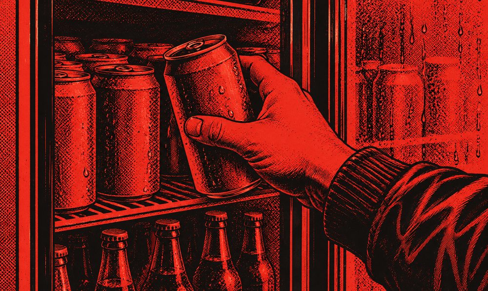 Illustration of a hand pulling a cold can from a fogged drinks cooler