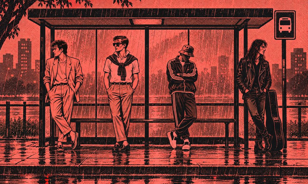 Illustration of four men from different 80s style tribes waiting at a bus stop in the rain