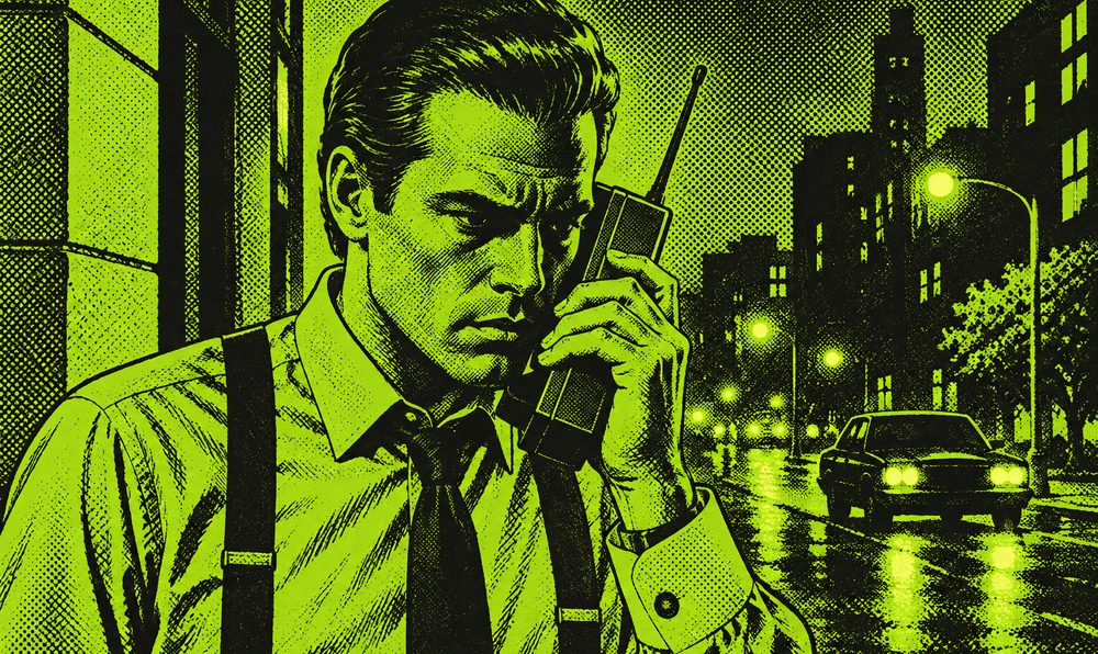 Illustration of a man in suspenders talking on a huge brick-style mobile phone at night
