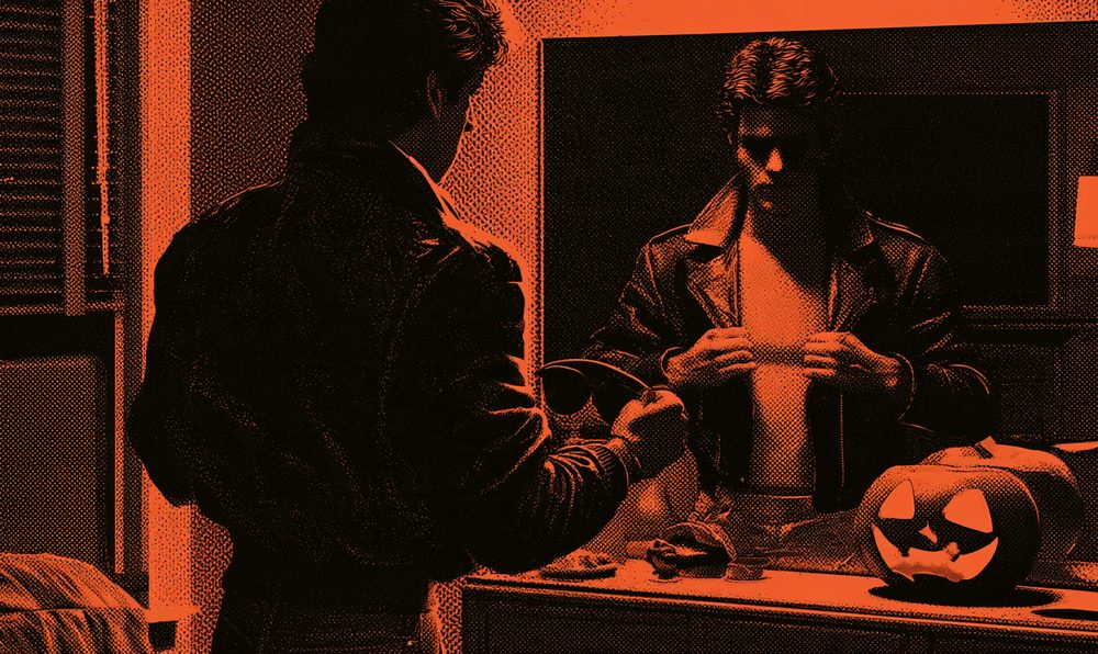 Screen-print style illustration of a man zipping up a black leather jacket in front of a bedroom mirror, a carved pumpkin on the dresser