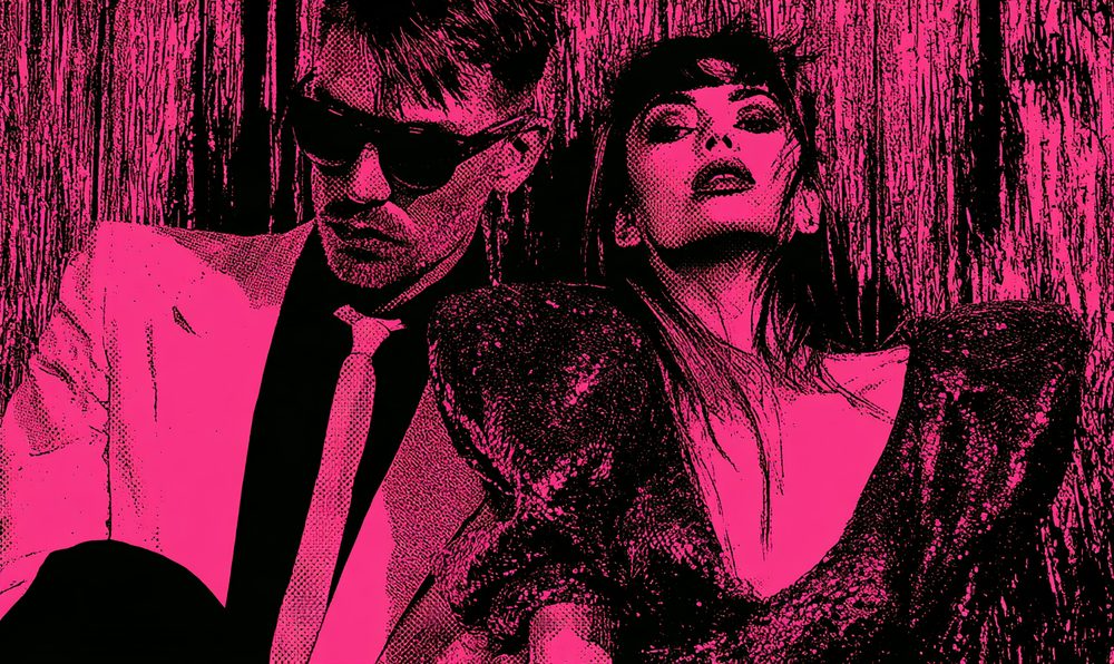 Screen-print style illustration of a couple posing for a flash photo at a party, the man in a white dinner jacket and sunglasses