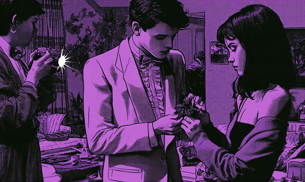 Screen-print style illustration of a teenage boy in a pale tuxedo pinning a corsage on his prom date while a parent takes a flash photo