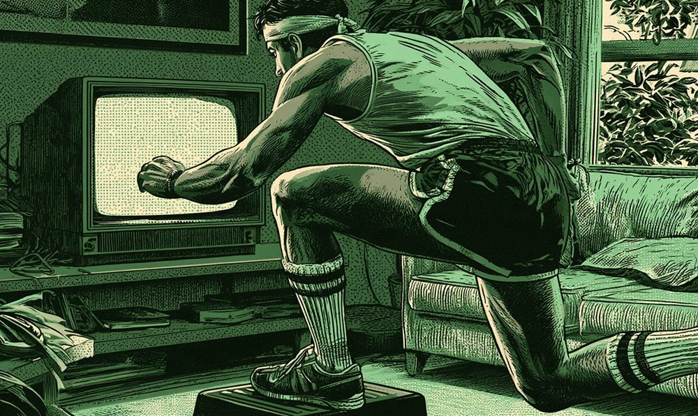 Screen-print style illustration of a man in a headband, tank top and tube socks doing an aerobics step in front of an old television