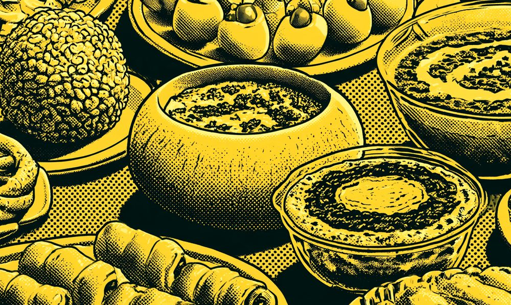 Screen-print style illustration of an 80s party snack table with a cheese ball, a bread bowl of spinach dip, a layered dip and deviled eggs