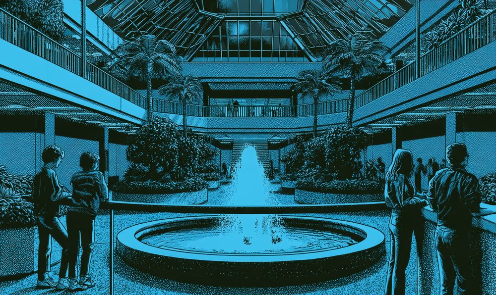 Screen-print style illustration of a two-level 1980s shopping mall with a fountain, skylights and teenagers at the railing