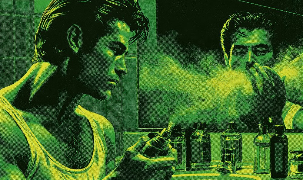 Screen-print style illustration of a man in a white undershirt spraying cologne in front of a bathroom mirror