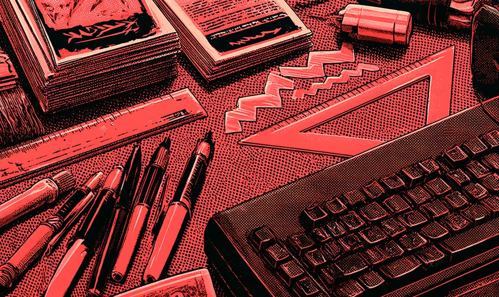Screen-print style illustration of a designer's desk with paint swatches, markers, a triangle ruler and zigzag paper cutouts