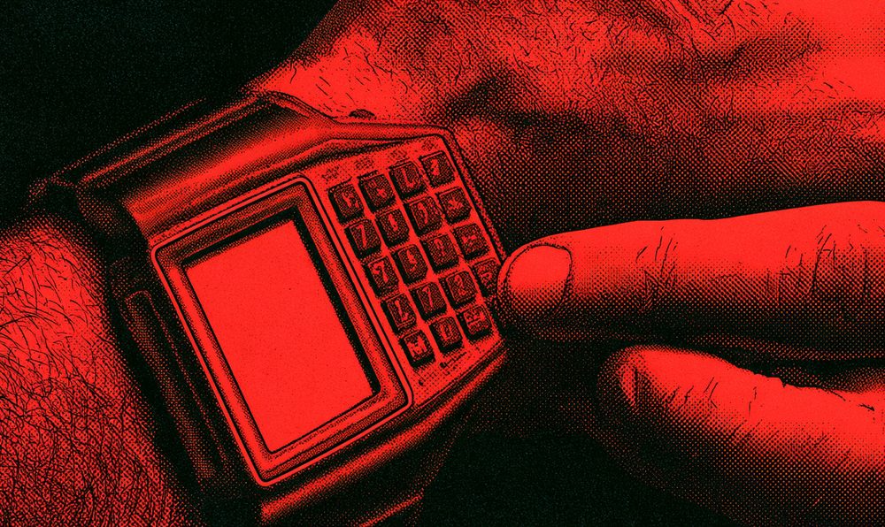 Screen-print style illustration of a finger pressing the tiny buttons of a chunky calculator watch on a man's wrist