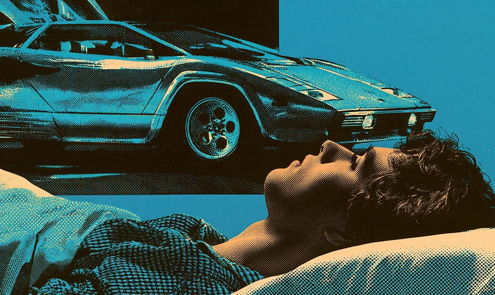 Screen-print style illustration of a teenager lying on his bed under a poster of a wedge-shaped 1980s supercar