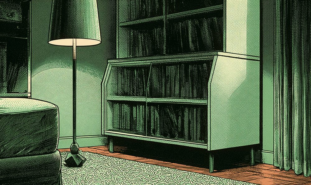 Screen-print style illustration of a Memphis-style room with a laminate bookcase, a squiggle-patterned rug and a lamp with a geometric base
