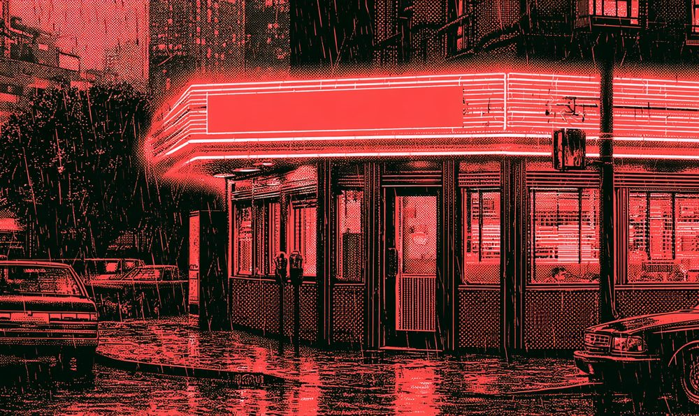 Screen-print style illustration of a glowing neon sign above a diner door on a rainy city street at night, sign left blank