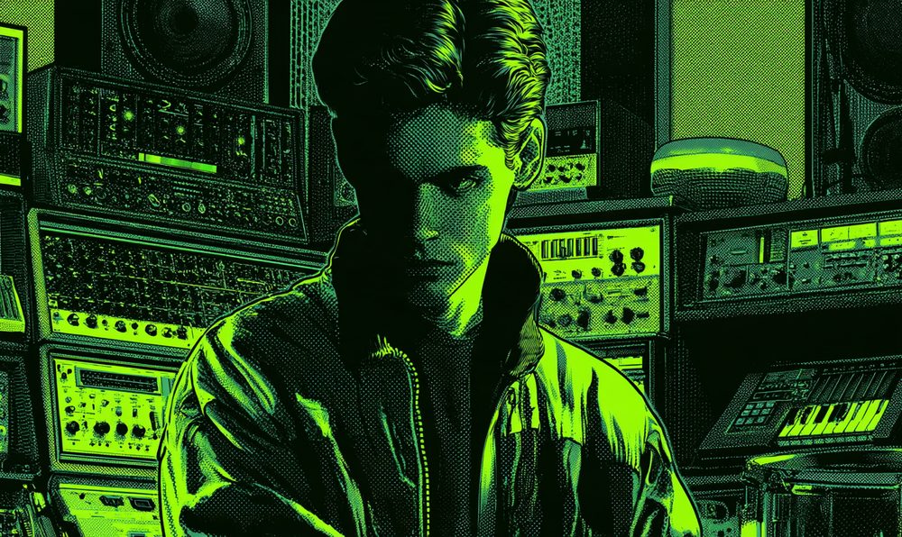 Screen-print style illustration of a musician standing behind a stack of analog synthesizers and a drum machine in a dim studio