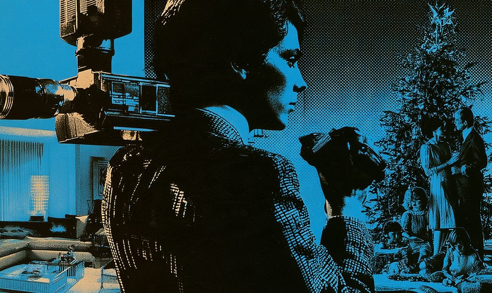 Screen-print style illustration of a man with a shoulder-mounted camcorder filming a family around a living room Christmas tree