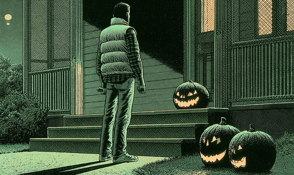 Screen-print style illustration of a man in a puffy vest and plaid shirt on a suburban porch next to carved jack-o-lanterns