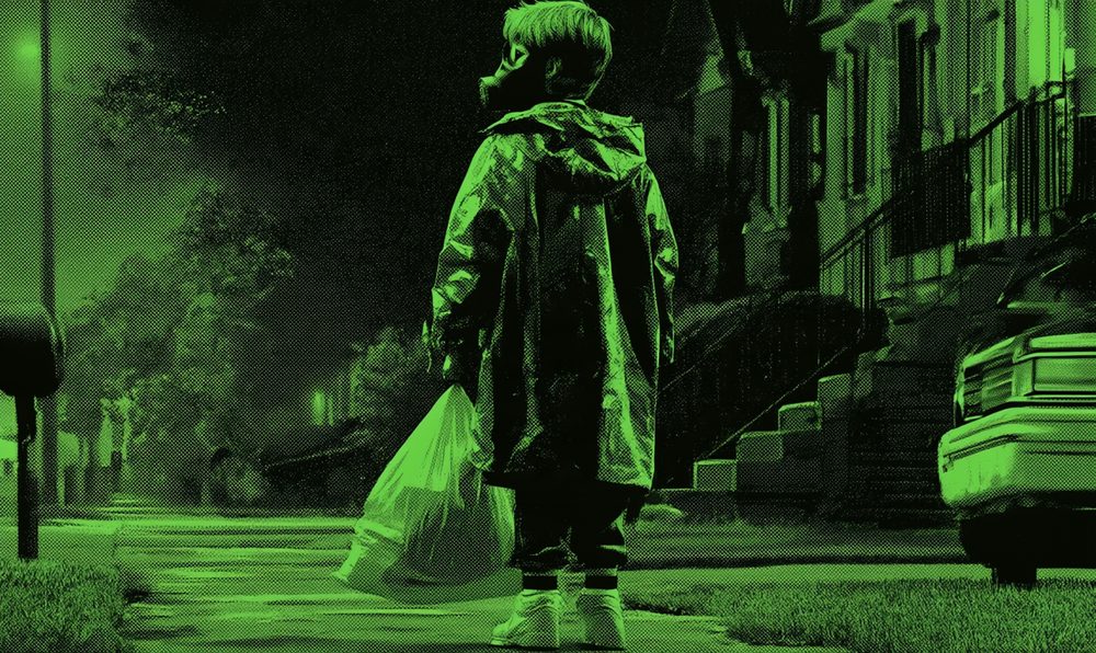 Screen-print style illustration of a kid in a vinyl smock costume and plastic mask holding a pillowcase on a sidewalk at night