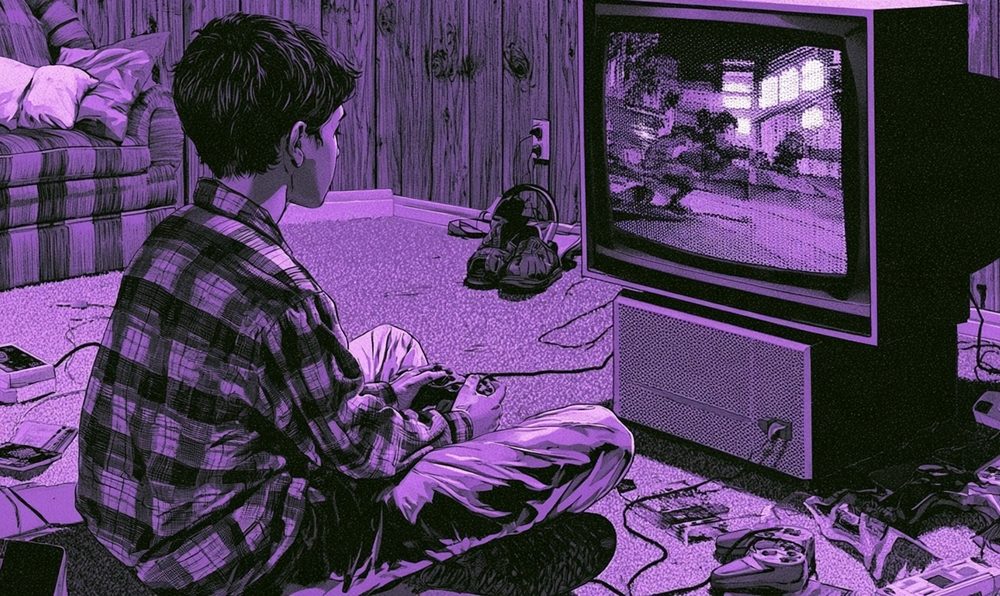 Screen-print style illustration of a kid playing a video game in front of a boxy CRT television in a wood paneled den