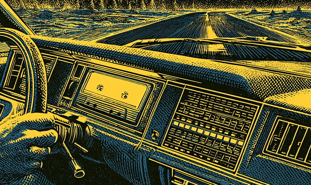 Screen-print style illustration of a 1980s car dashboard at night with a glowing cassette stereo and equalizer