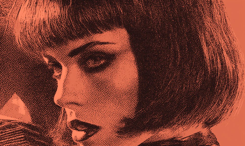 Screen-print style illustration of a stylized woman in profile with a black bob and bold lips against art deco shapes