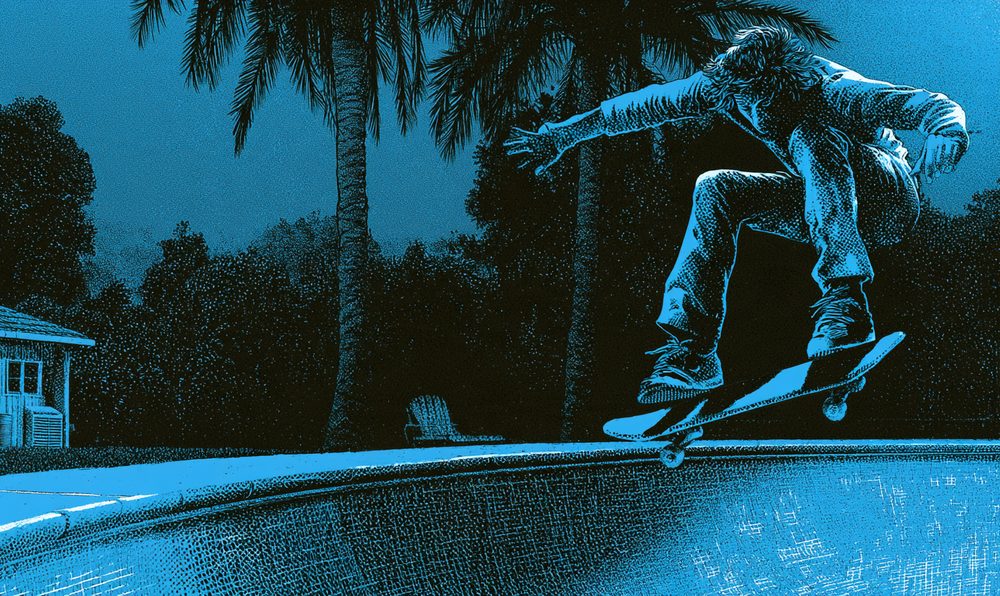 Screen-print style illustration of a skateboarder flying above the lip of an empty backyard pool with palm trees