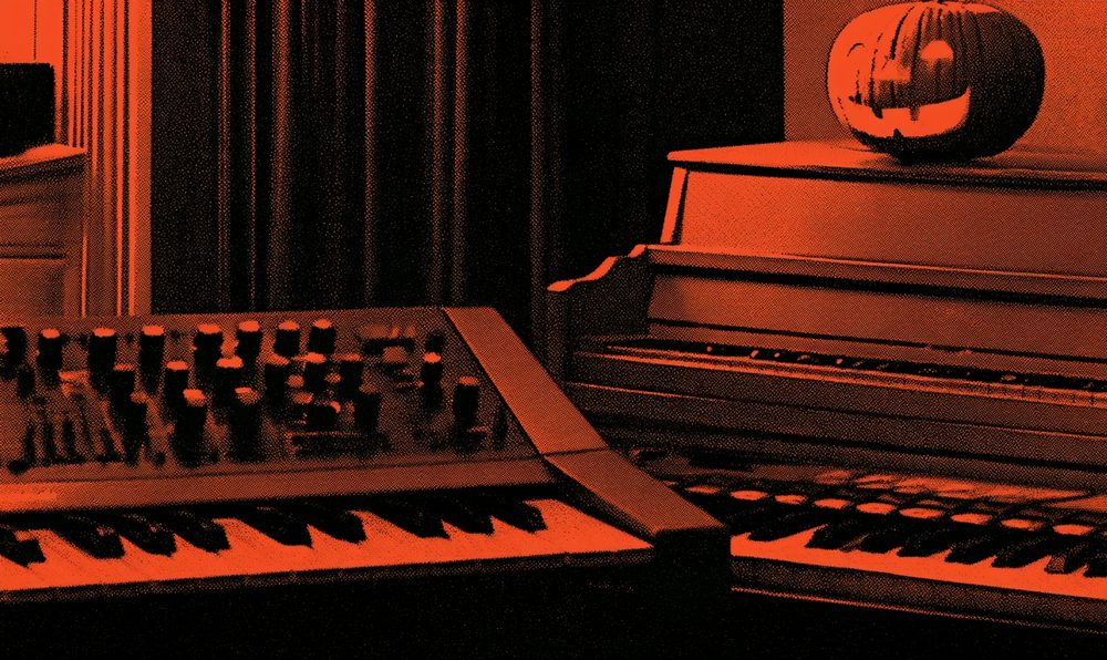 Screen-print style illustration of a synthesizer in a dark room with a glowing jack-o-lantern on an upright piano