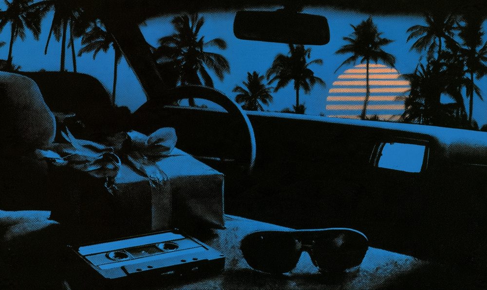 Screen-print style illustration of a wrapped gift box, a VHS tape and shield sunglasses on a car passenger seat at dusk, palm trees and a striped sunset through the windshield