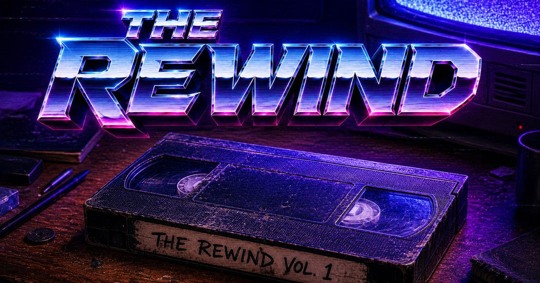 The Rewind Vol. 1: a worn VHS tape with a handwritten label under chrome retro lettering