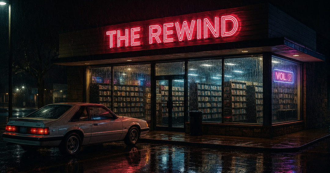 The Rewind Vol. 2: a rain-soaked video store at night under a red neon sign