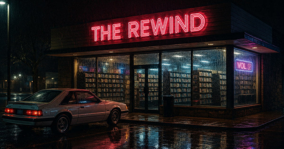The Rewind Vol. 2: a rain-soaked video store at night under a red neon sign