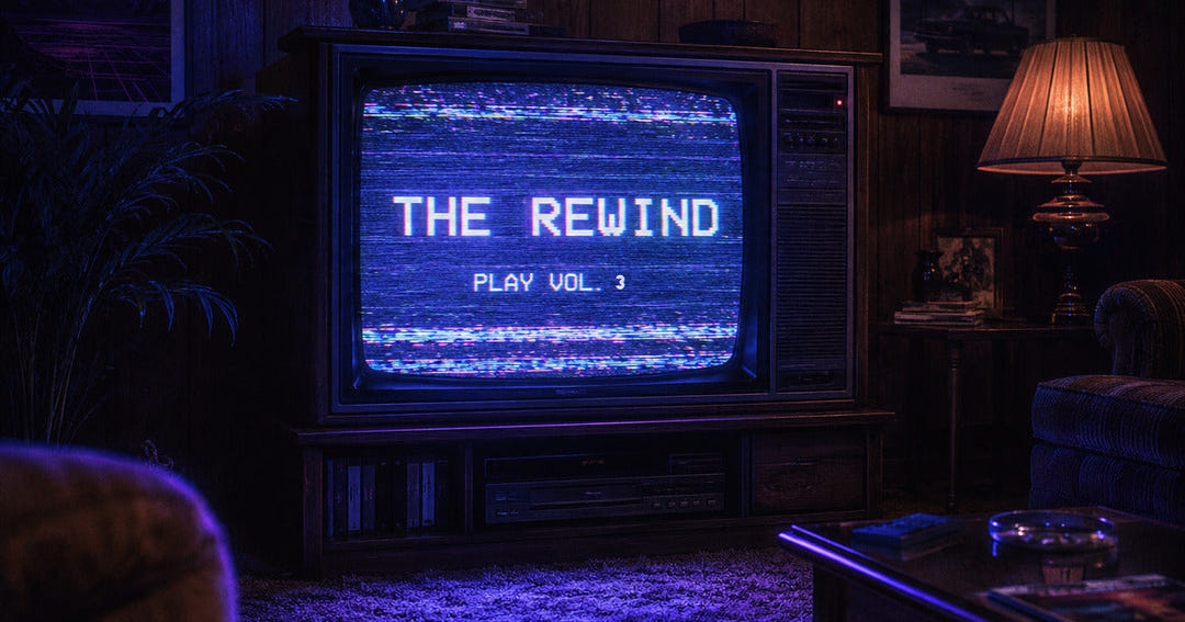 The Rewind Vol. 3: a wood-panelled 1980s living room lit by a CRT television showing THE REWIND, PLAY VOL. 3