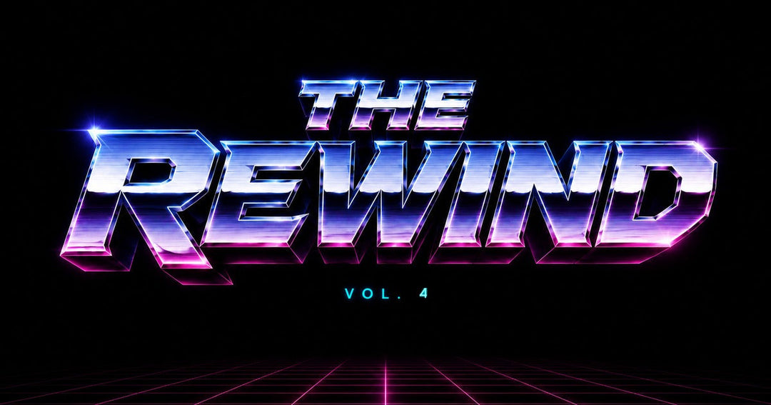 The Rewind Vol. 4: the chrome REWIND wordmark in blue and magenta over a neon grid horizon