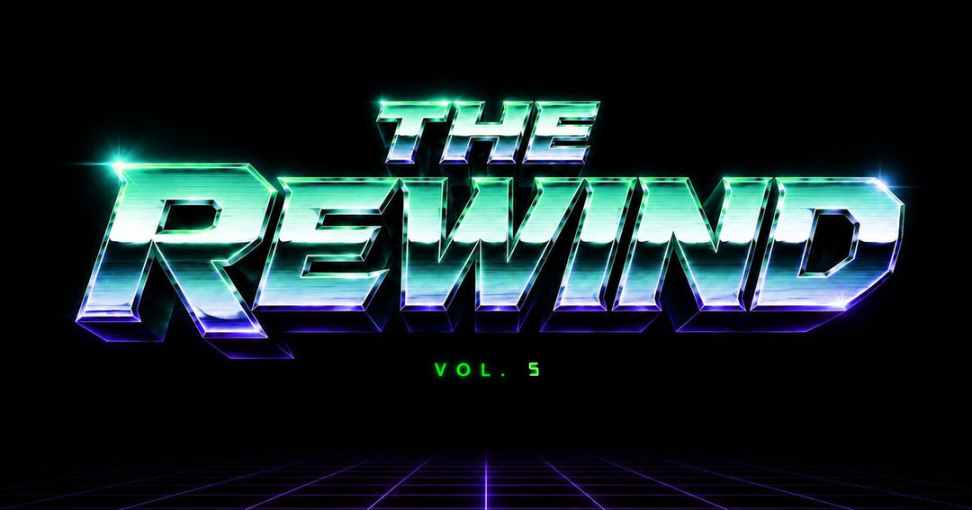 The Rewind Vol. 5 cover, chrome wordmark on black with a neon grid