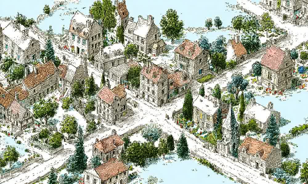 A hand-drawn neighborhood map with landmarks, colored pencil, keys, and retro sneakers on a desk