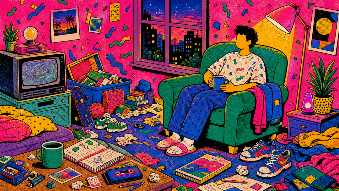 Bright retro room with a quiet chair after a busy day