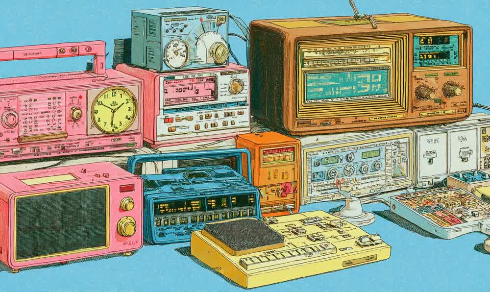 A retro digital alarm clock radio glowing beside cassette tapes, sunglasses, denim, a lamp, and nighttime bedroom details
