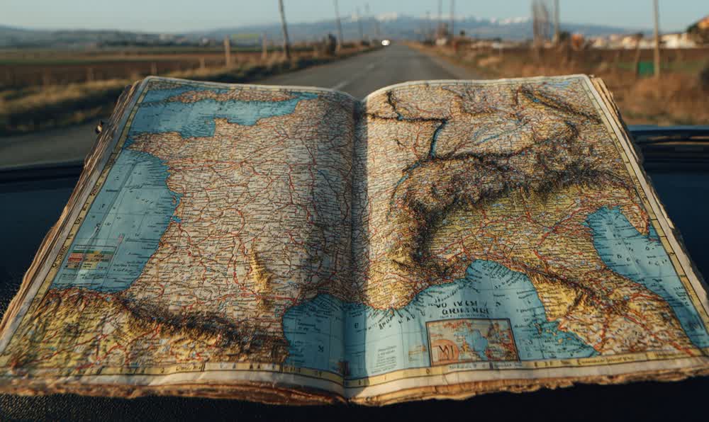 A vintage road atlas open across a car dashboard with sunglasses, analog watch, and warm highway light