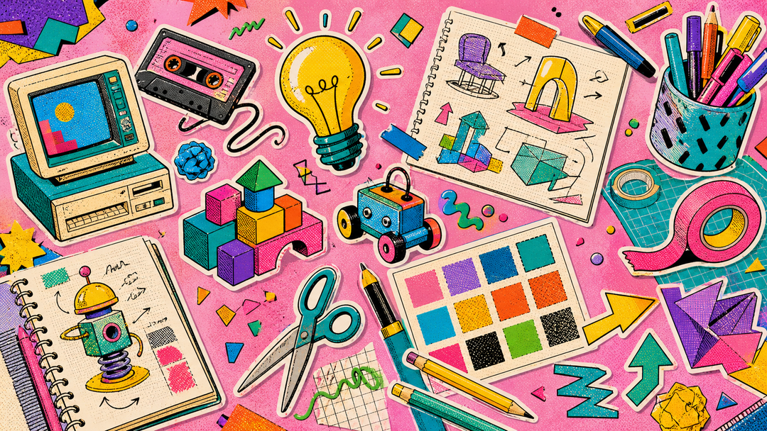 Colorful retro desk filled with sketches, tools, and playful idea experiments