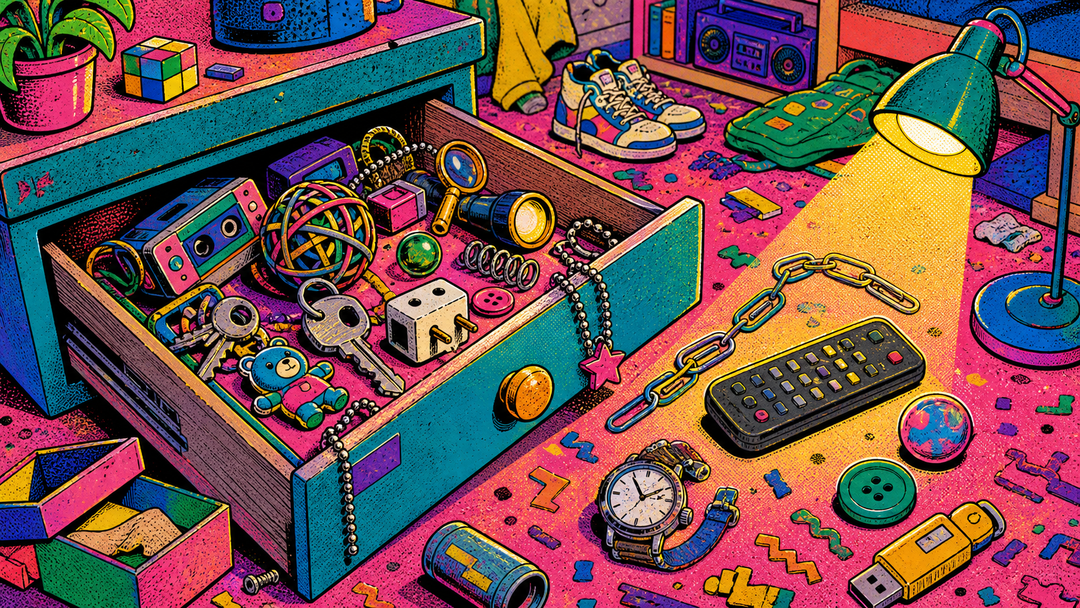 Retro junk drawer full of unusual household objects discovered at home