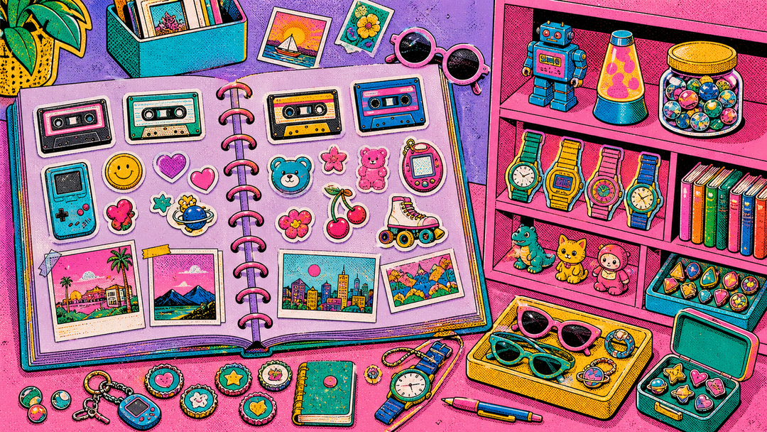 Retro illustrated personal collection of tapes, watches, sunglasses, pins, and small objects