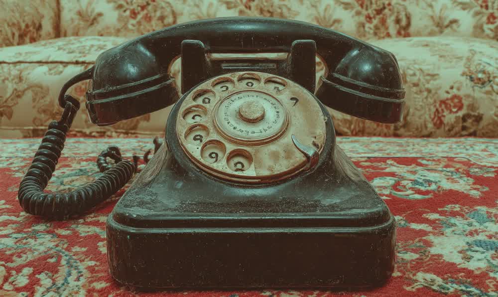 A corded telephone on a side table in a dim 1980s room with notebook, watch, and retro leather texture