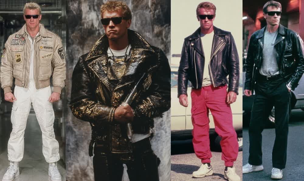 An 80s action-inspired scene with leather jacket, denim, sunglasses, watch, VHS colors, city lights, and dramatic shadows