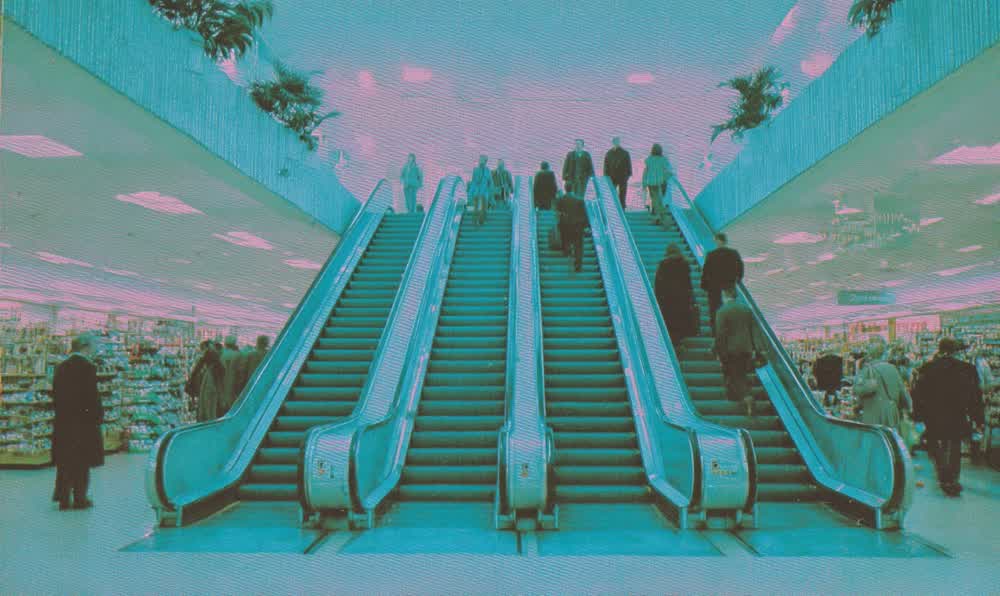 A colorful 1980s department store escalator with glossy floors, clothing displays, bright lights, and retro fashion