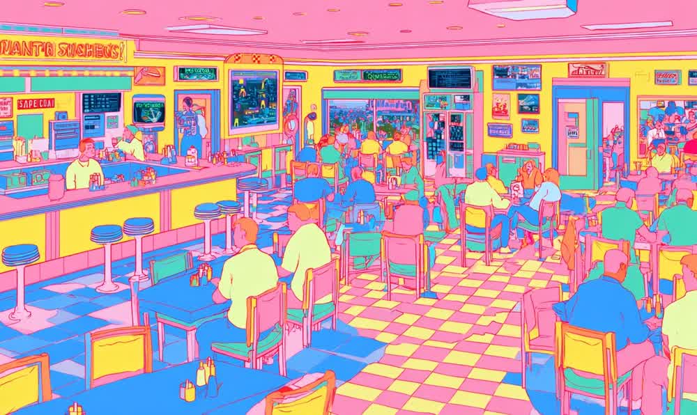 A neon-lit 1980s diner with chrome stools, red booths, jukebox glow, coffee cups, and retro jackets