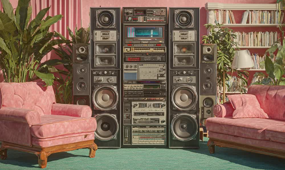 A 1980s home stereo system with large speakers, cassette deck, receiver lights, records, and retro menswear