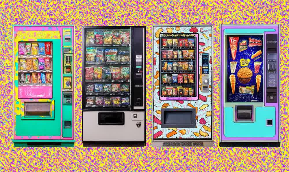 A colorful 1980s vending machine glowing in a hallway with snacks, coins, and retro neon atmosphere