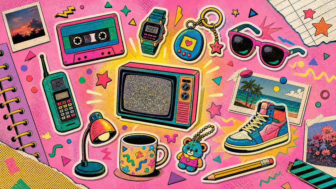 Retro nostalgic objects clustered together like memory triggers