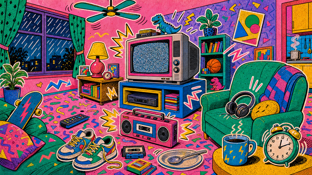 Retro illustrated room full of everyday sound-making objects from childhood