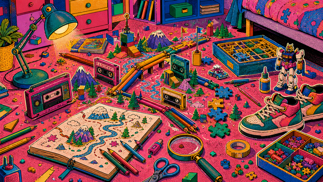 Colorful retro room floor arranged like an adventure map made from hobby supplies