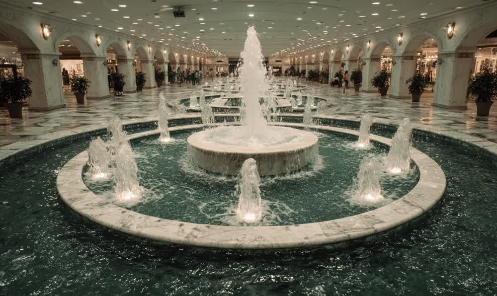 A 1980s shopping mall fountain with colorful lights, benches, plants, and retro denim fashion