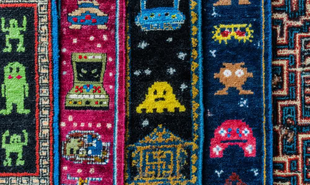 A chaotic old arcade carpet pattern glowing under neon cabinets, tokens, sneakers, and colorful 90s game lights